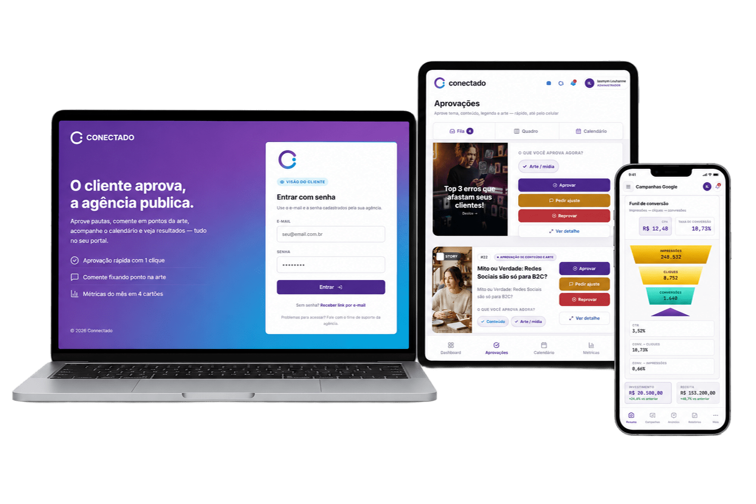 Portal Connectado em laptop, tablet e celular — aprovações, campanhas e métricas